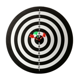 Arrows hitting target on dart board against white background