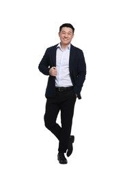 Businessman in suit posing on white background