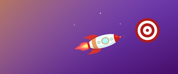 Illustration of Target achievement. Rocket heading to dartboard on gradient color background, space for text. Banner design