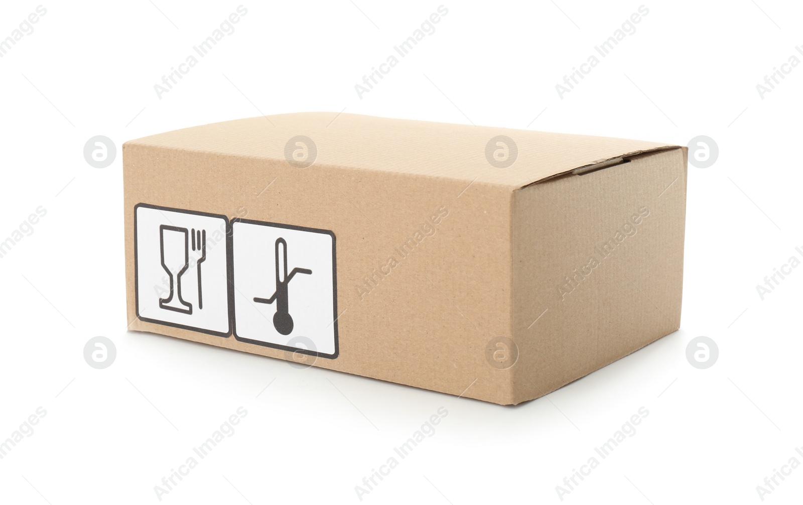 Photo of Cardboard box with different packaging symbols isolated on white. Parcel delivery