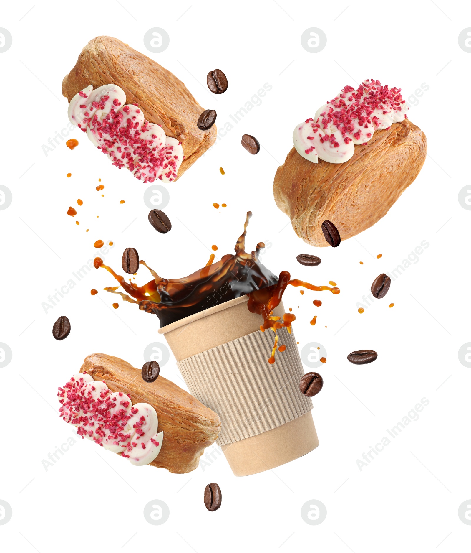 Image of Round croissants and coffee in air on white background