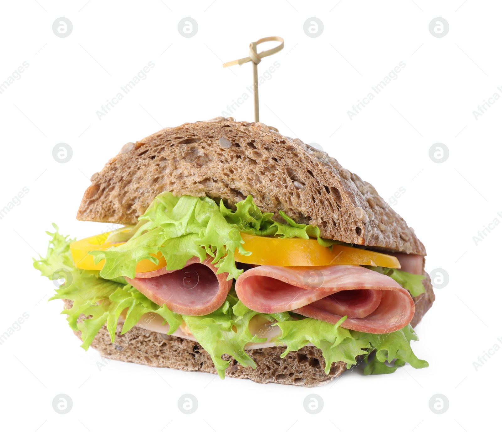 Photo of Tasty sandwich with ham isolated on white