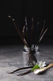 Spoon with sugar, flowers, leaf and vanilla pods on grey textured table