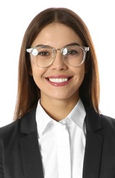 Image of Passport photo. Portrait of woman on white background