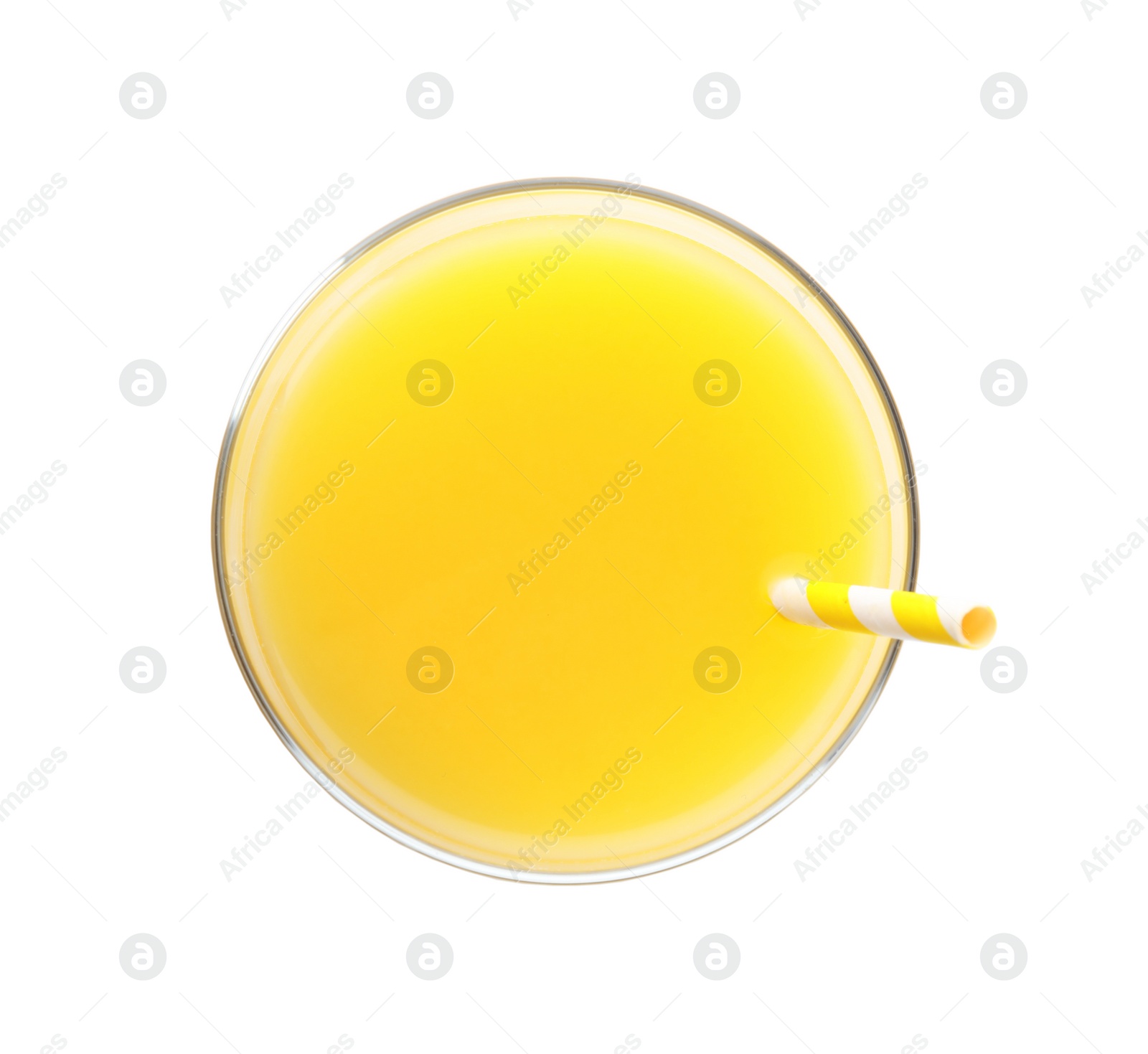 Photo of Glass of orange juice on white background, top view