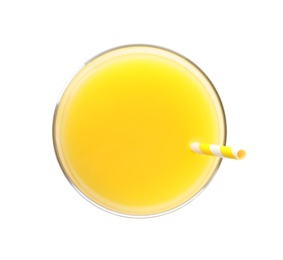 Photo of Glass of orange juice on white background, top view