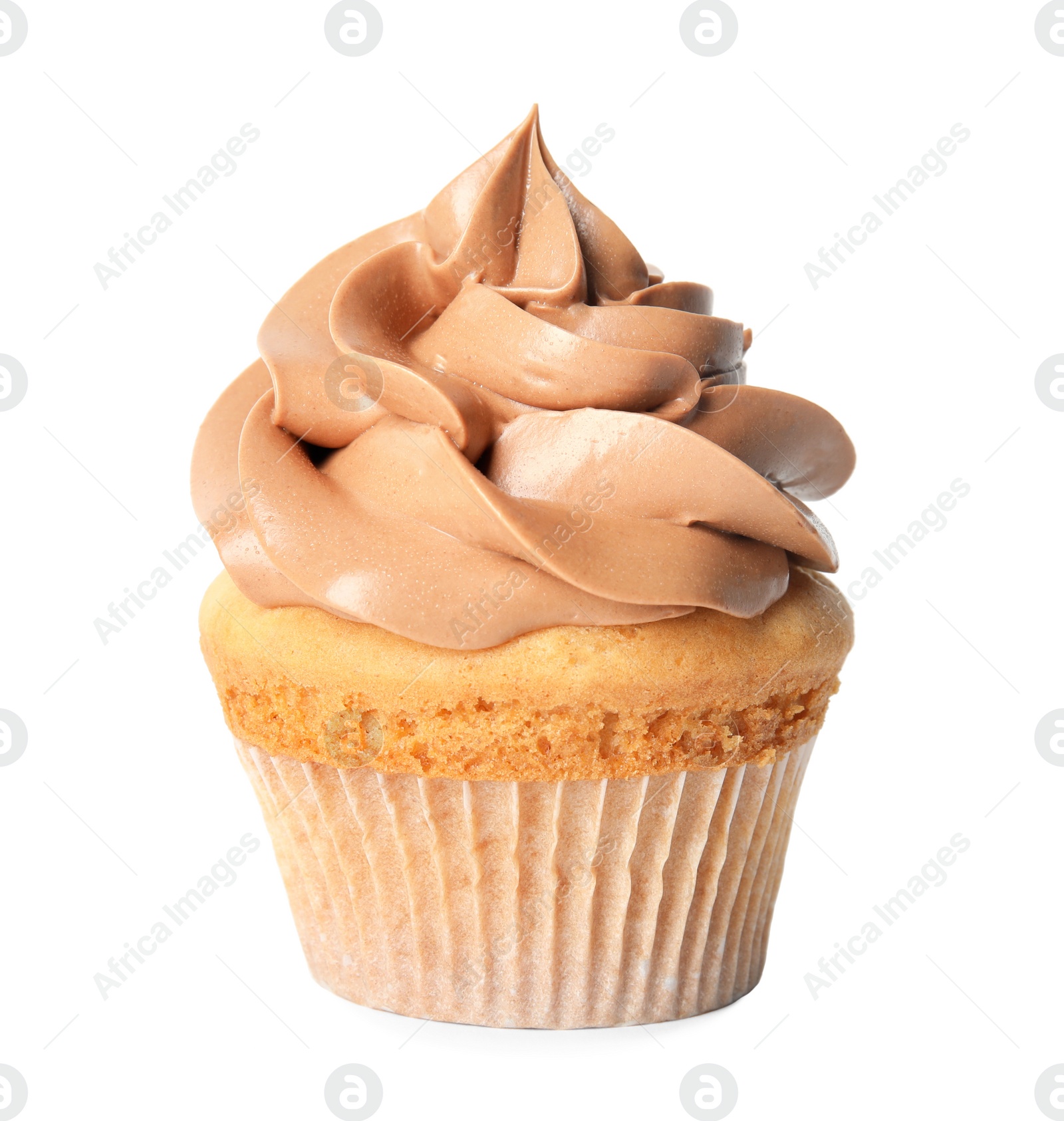 Photo of Delicious birthday cupcake decorated with cream on white background