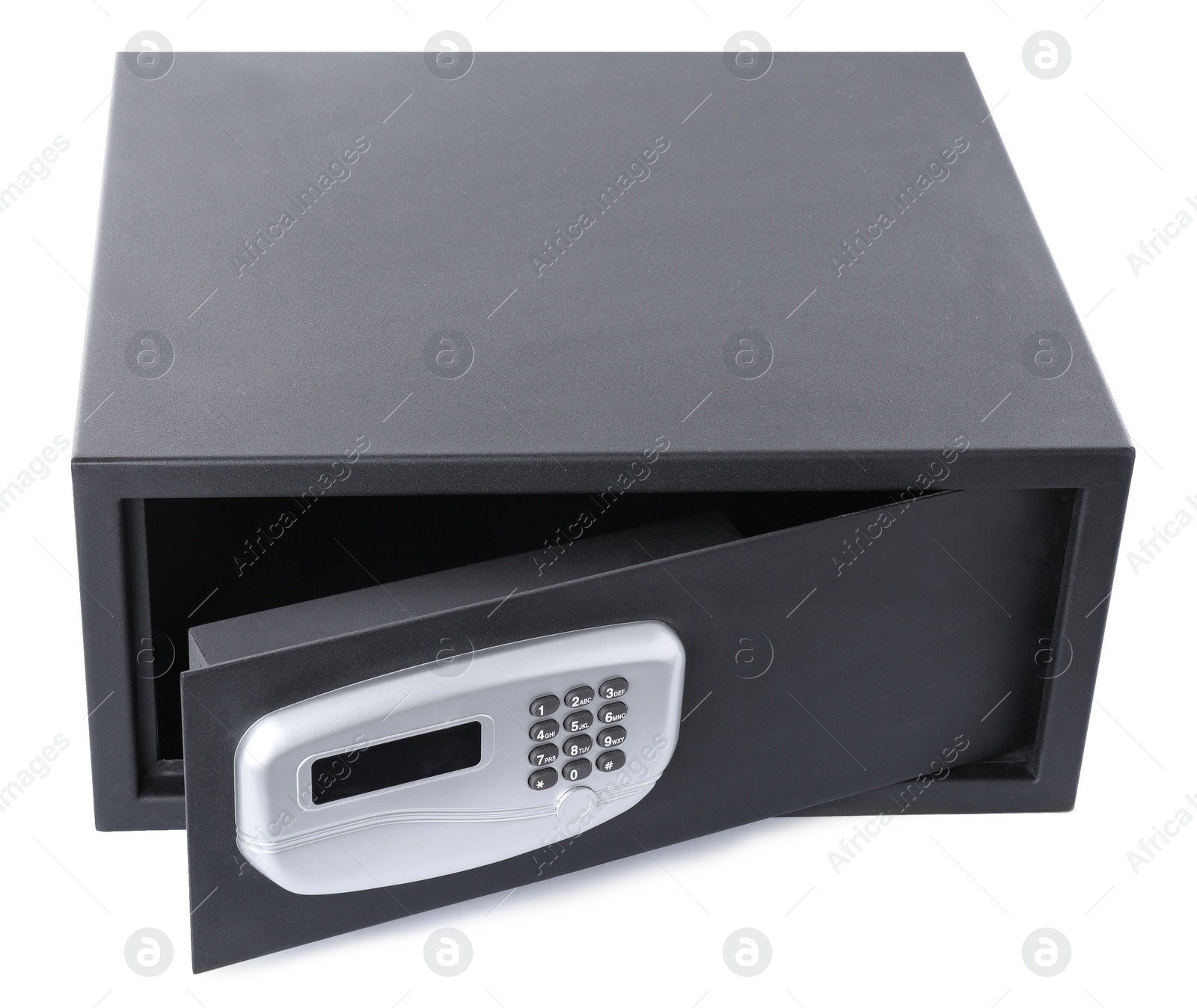 Photo of Open black steel safe with electronic lock isolated on white