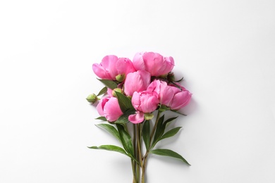 Photo of Fragrant peonies on white background, top view. Beautiful spring flowers