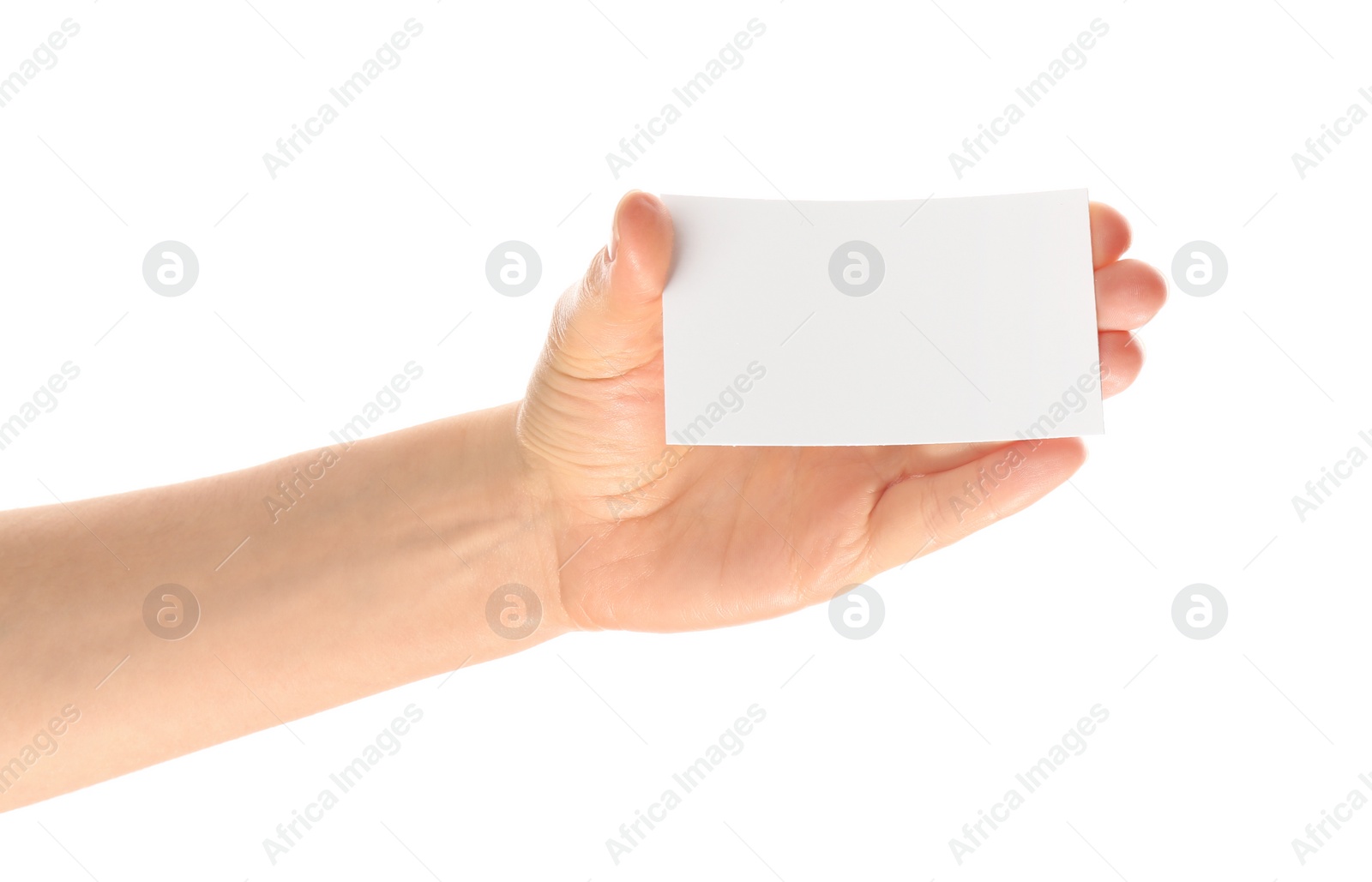 Photo of Woman holding gift card on white background, closeup