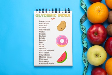 Glycemic index. Information about grouping of products under their GI in notebook, measuring tape and fruits on light blue background, flat lay