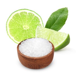 Image of Cut lime and salt isolated on white. Margarita cocktail ingredients