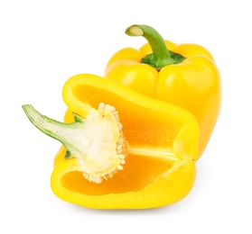 Photo of Whole and cut yellow bell peppers isolated on white