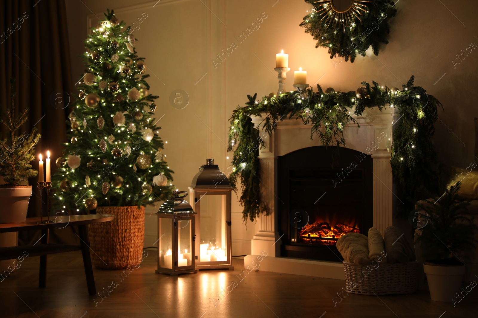 Photo of Beautiful room interior with fireplace and Christmas decor in evening