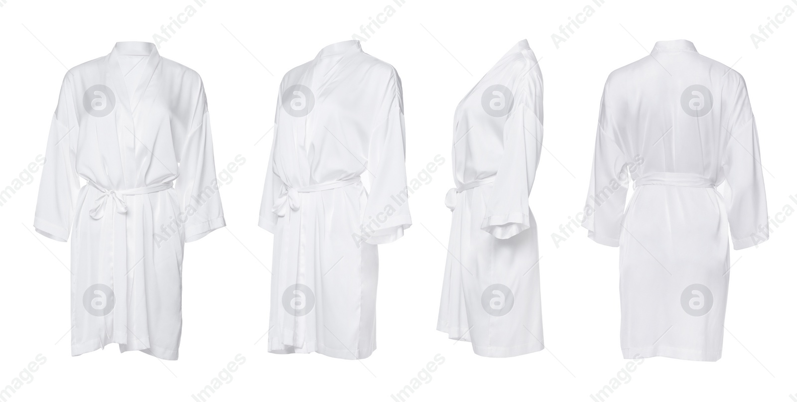 Image of Collage with clean silk bathrobe on white background, different views