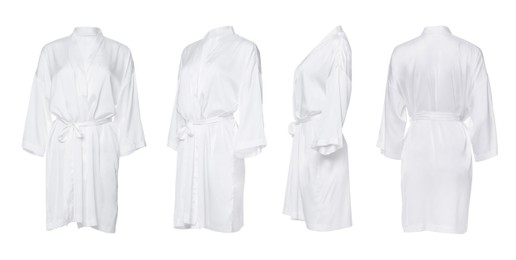 Collage with clean silk bathrobe on white background, different views