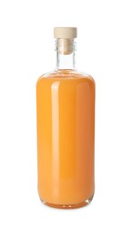 Photo of Bottle of tasty tangerine liqueur isolated on white