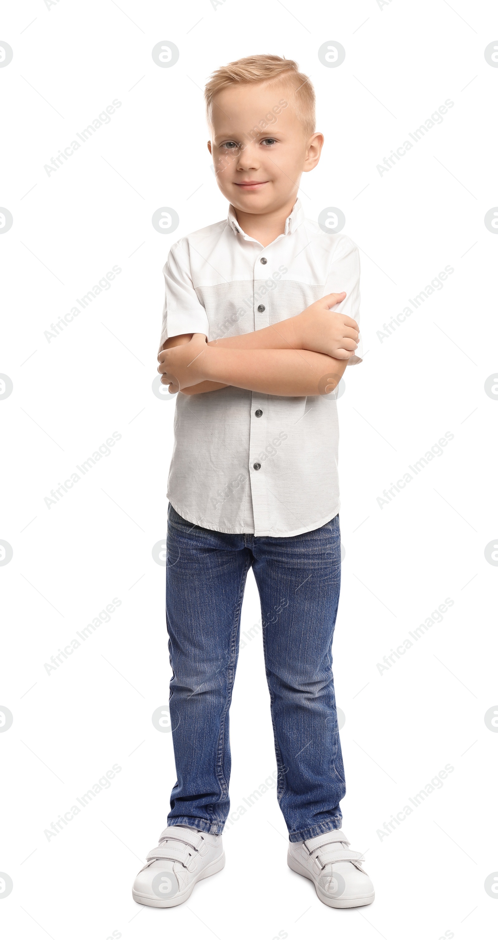 Photo of Full length portrait of cute little boy on white background