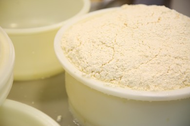 Mould with pressed curd at cheese factory, closeup