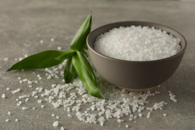 Photo of Bowl of natural sea salt and green leaf on grey table