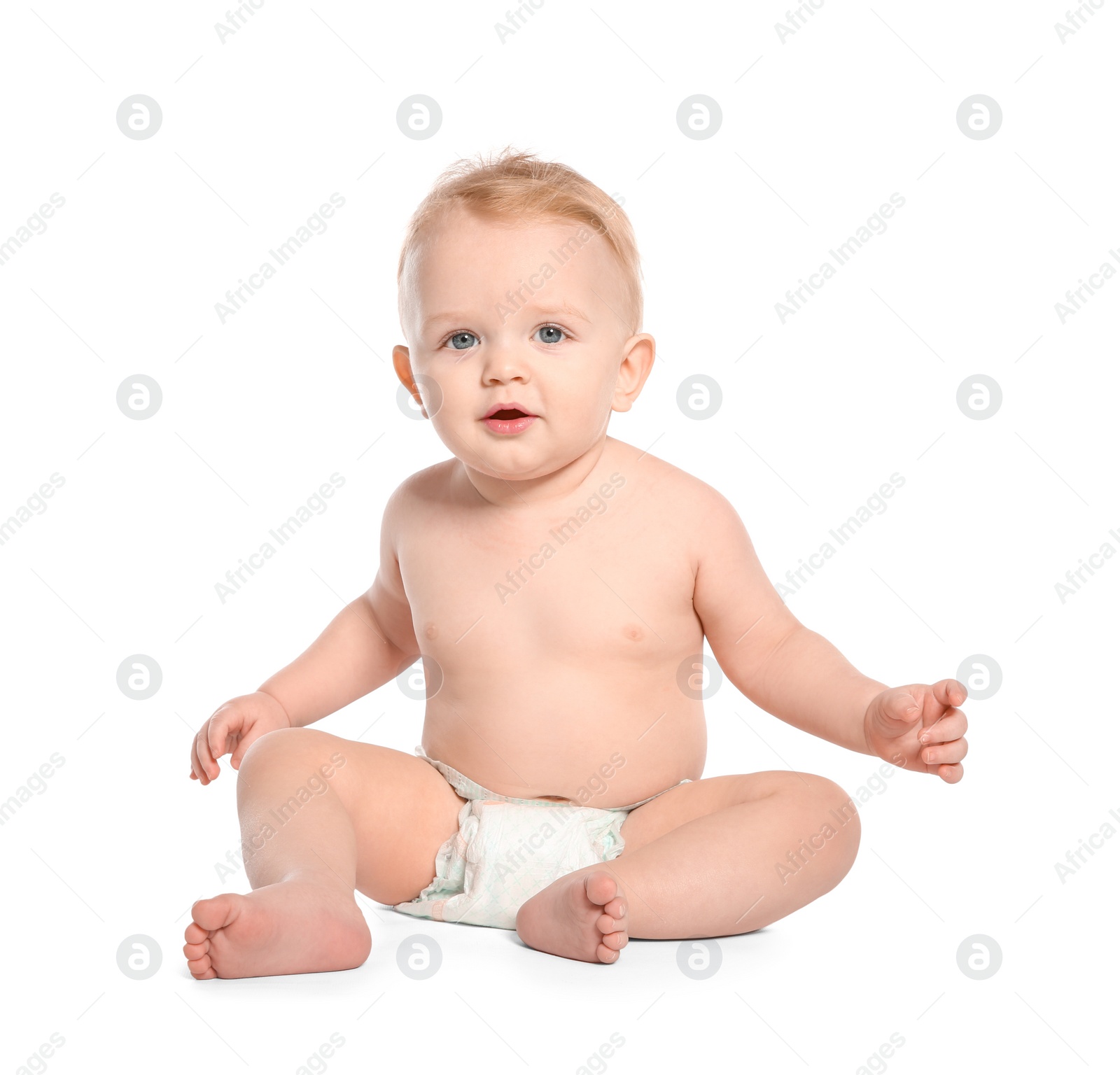 Photo of Cute little baby on white background. Crawling time