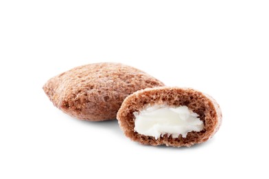 Photo of Chocolate corn pads with milk filling on white background