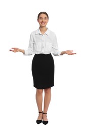 Full length portrait of hostess in uniform on white background