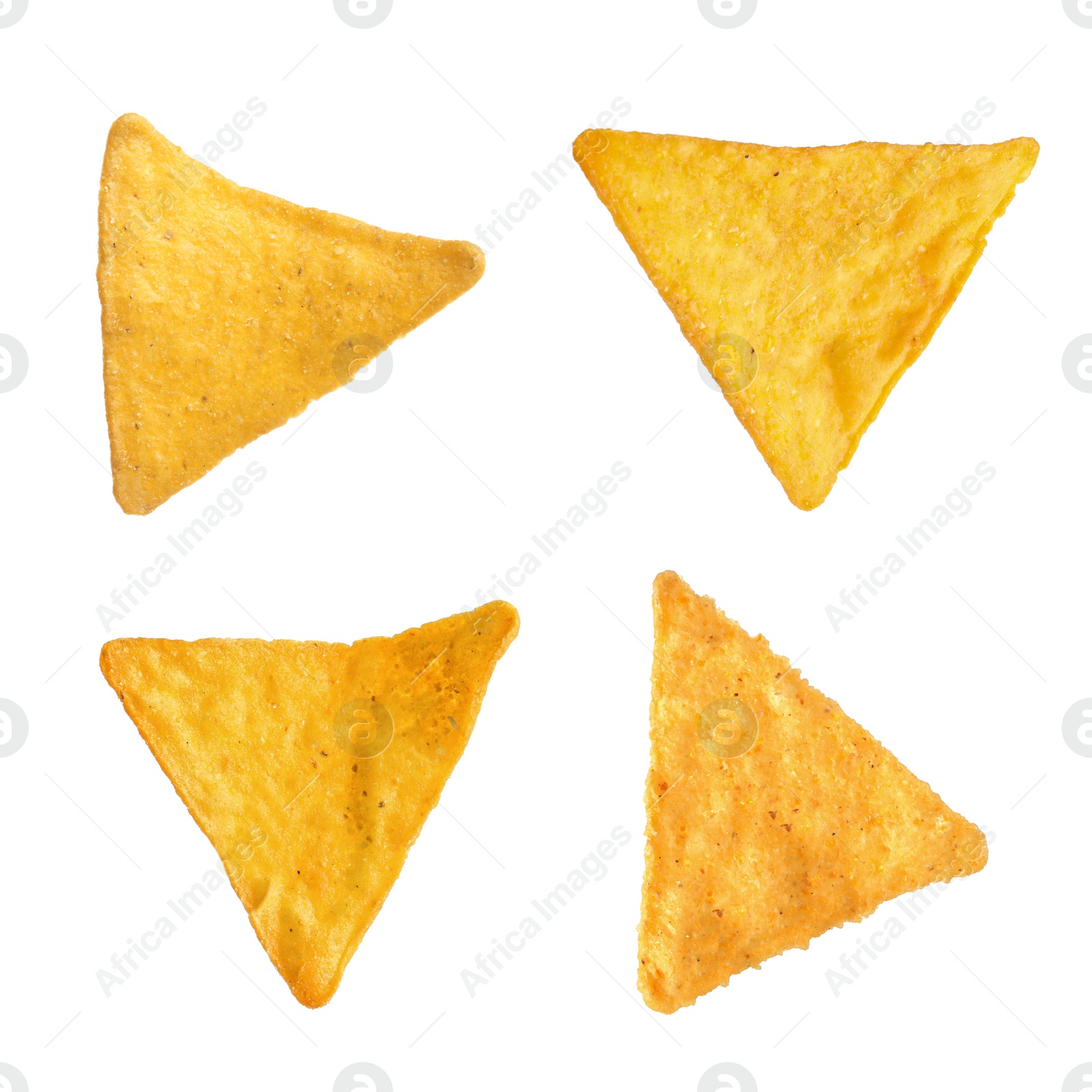 Image of Set with tasty tortilla chips (nachos) on white background