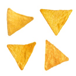 Image of Set with tasty tortilla chips (nachos) on white background