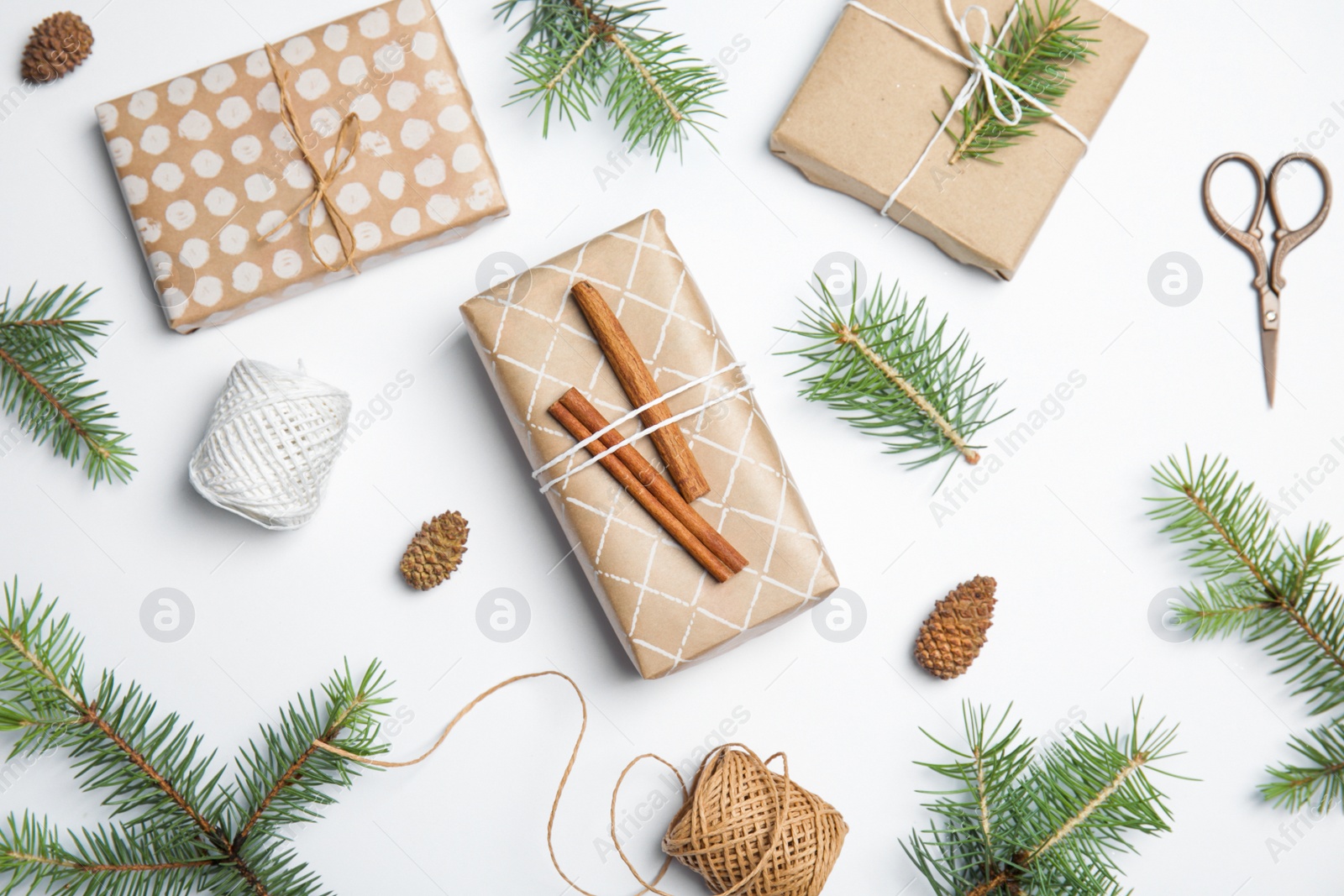 Photo of Composition with Christmas tree branches and gift boxes on white background