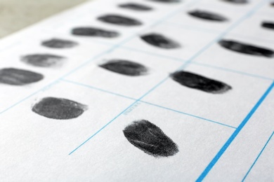 Police form with fingerprints, closeup. Forensic examination