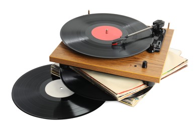 Photo of Vintage vinyl records and turntable on white background