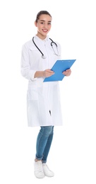 Full length portrait of medical doctor with clipboard and stethoscope isolated on white