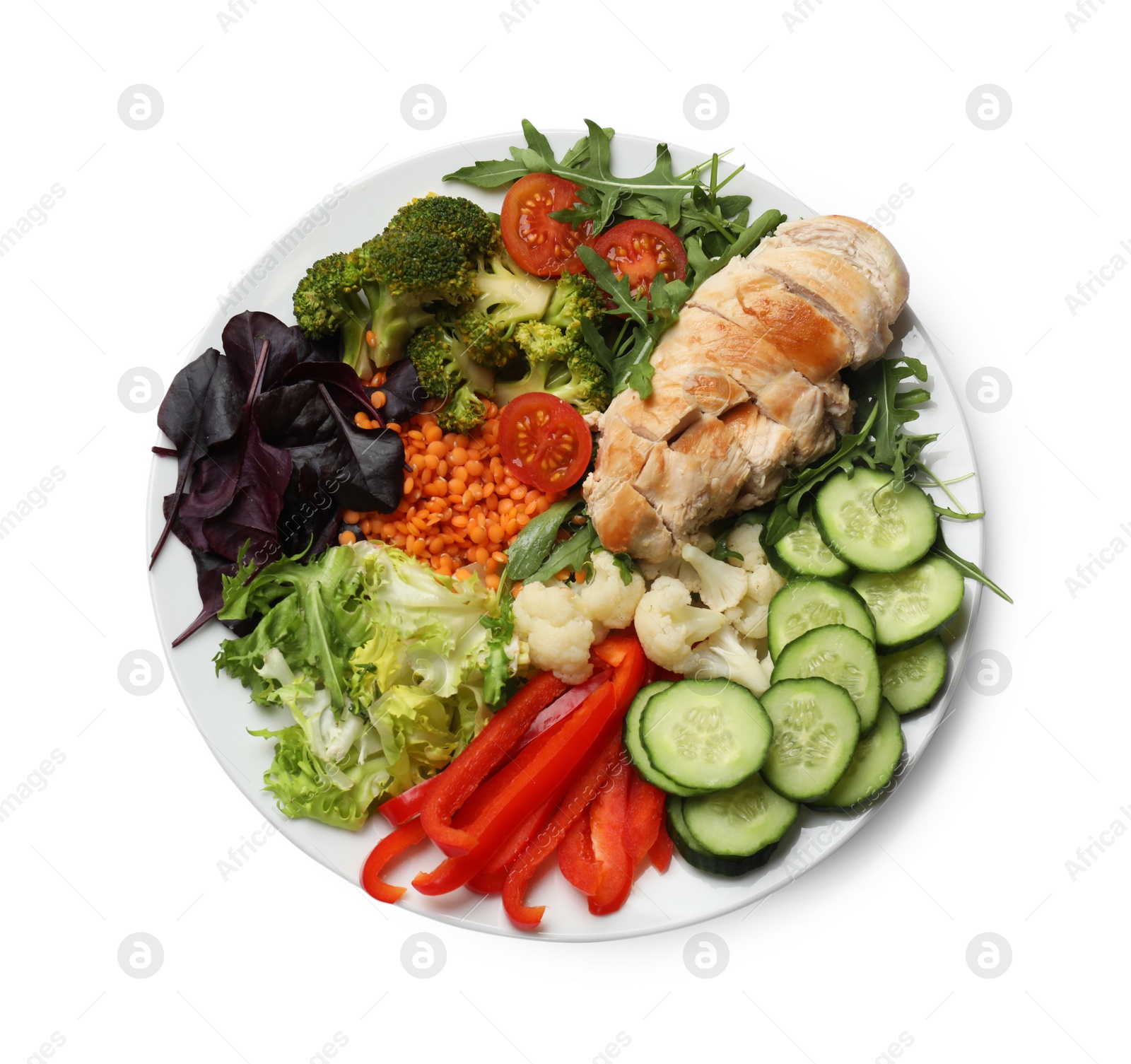 Photo of Balanced diet and healthy foods. Plate with different delicious products isolated on white, top view