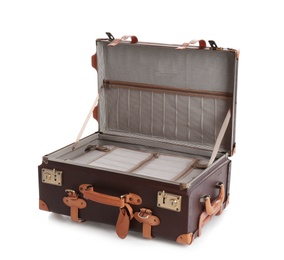 Photo of Open suitcase for travelling on white background