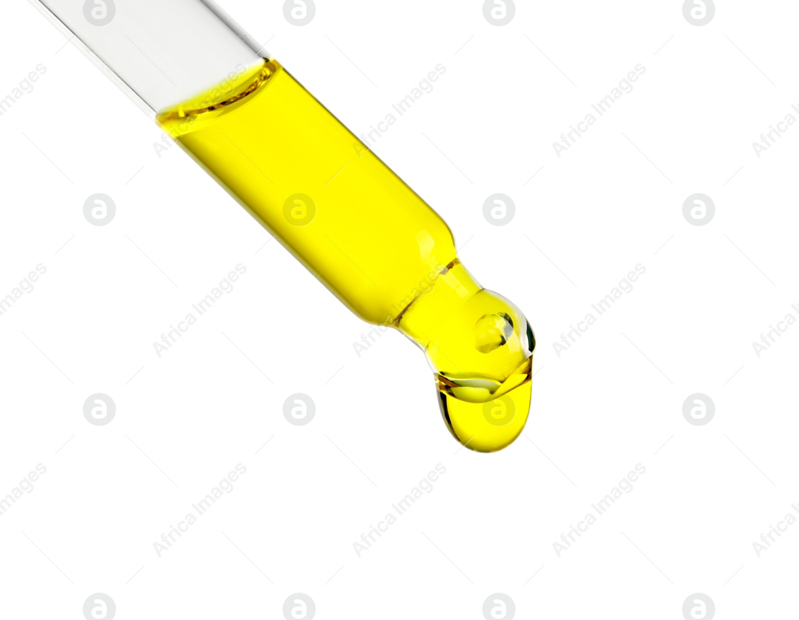 Photo of Pipette with essential oil on white background