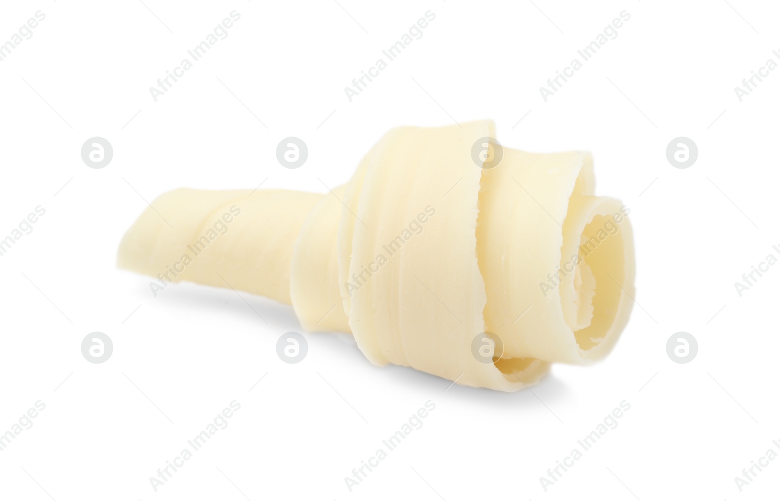 Photo of Yummy chocolate curl for decor on white background