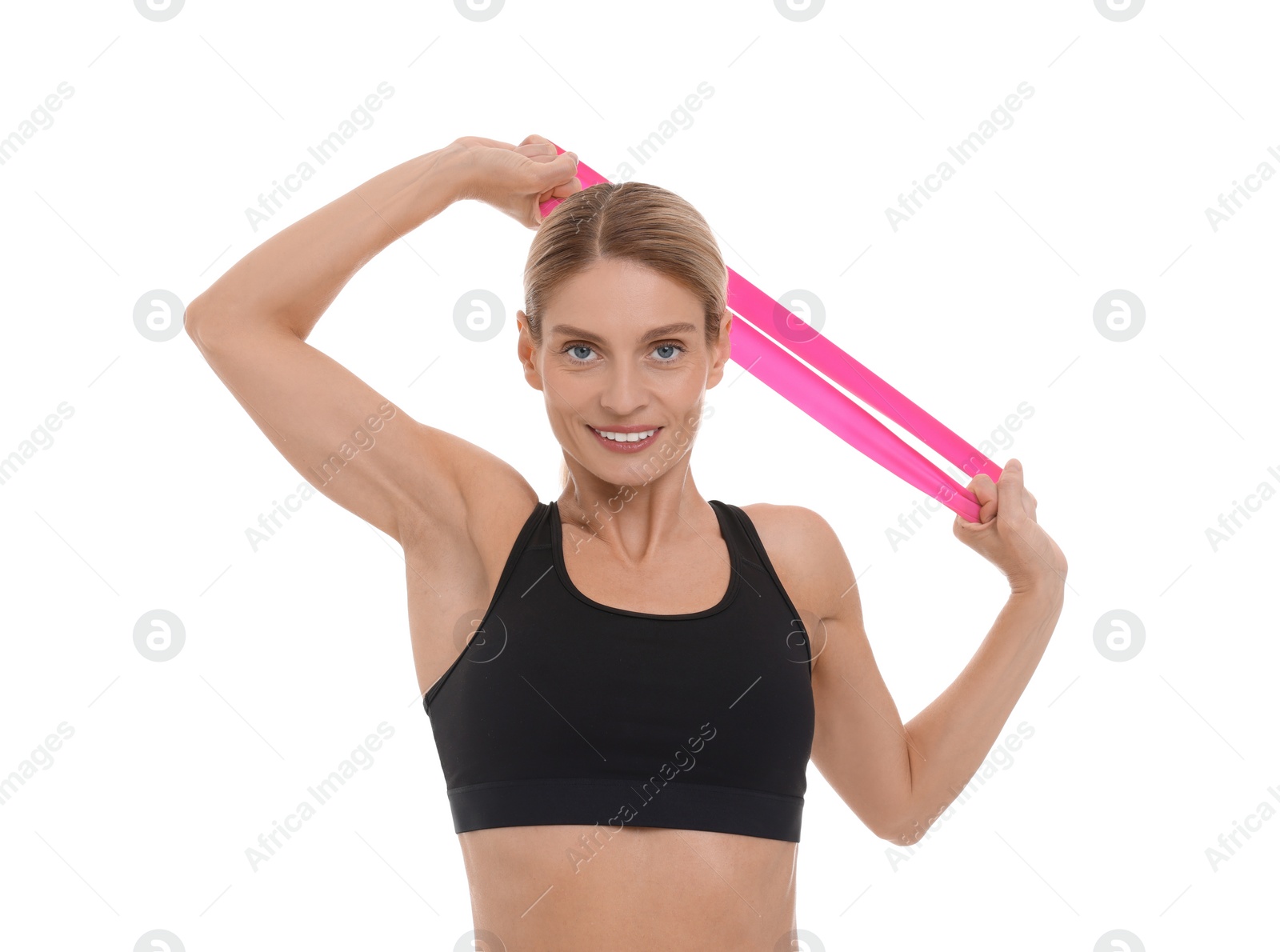 Photo of Woman exercising with elastic resistance band on white background