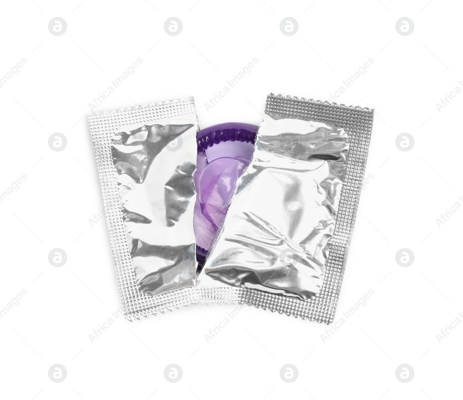 Photo of Torn condom package isolated on white, top view. Safe sex