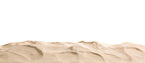 Photo of Heap of dry beach sand on white background