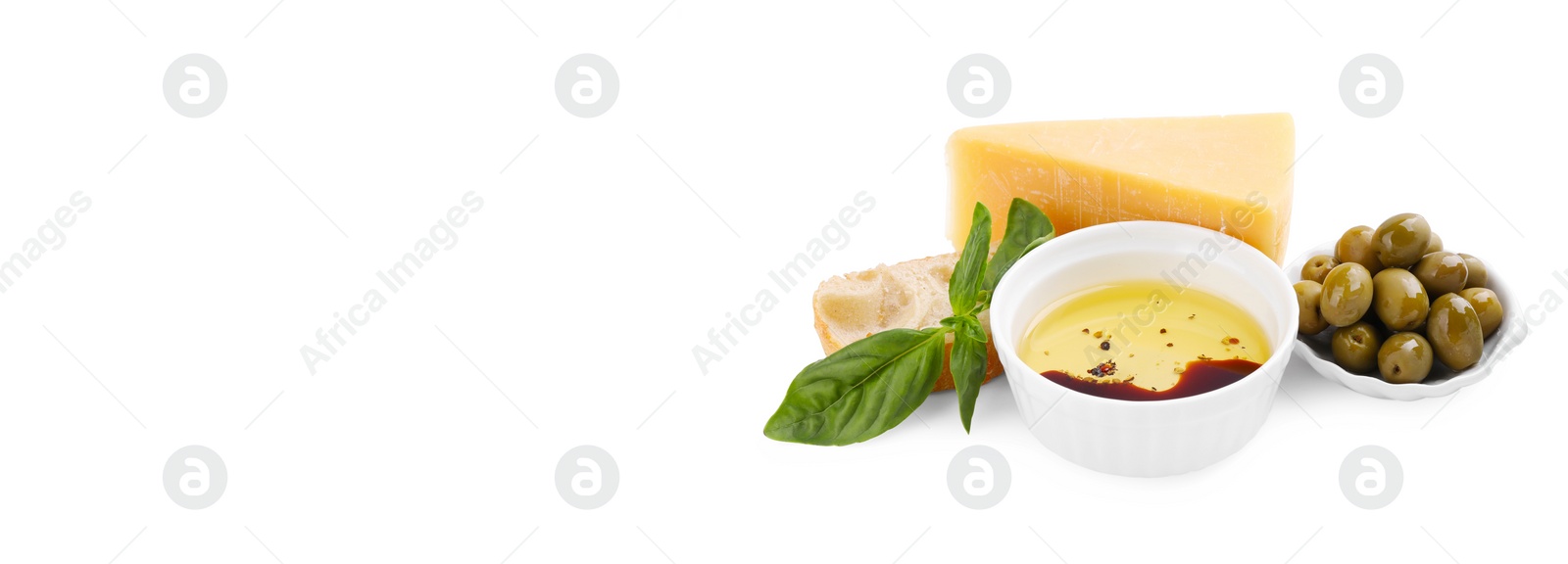 Image of Balsamic vinegar with oil, olives, cheese and bread on white background, space for text. Banner design