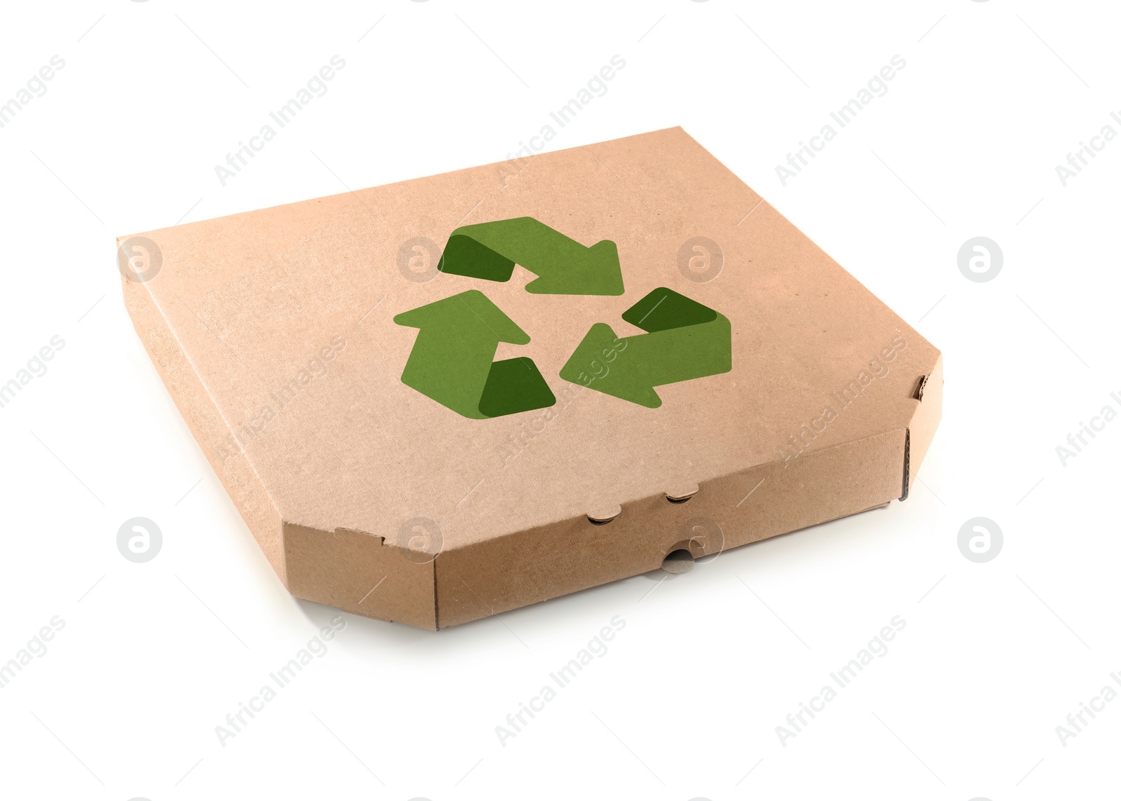 Image of Cardboard pizza box with recycling symbol on white background 