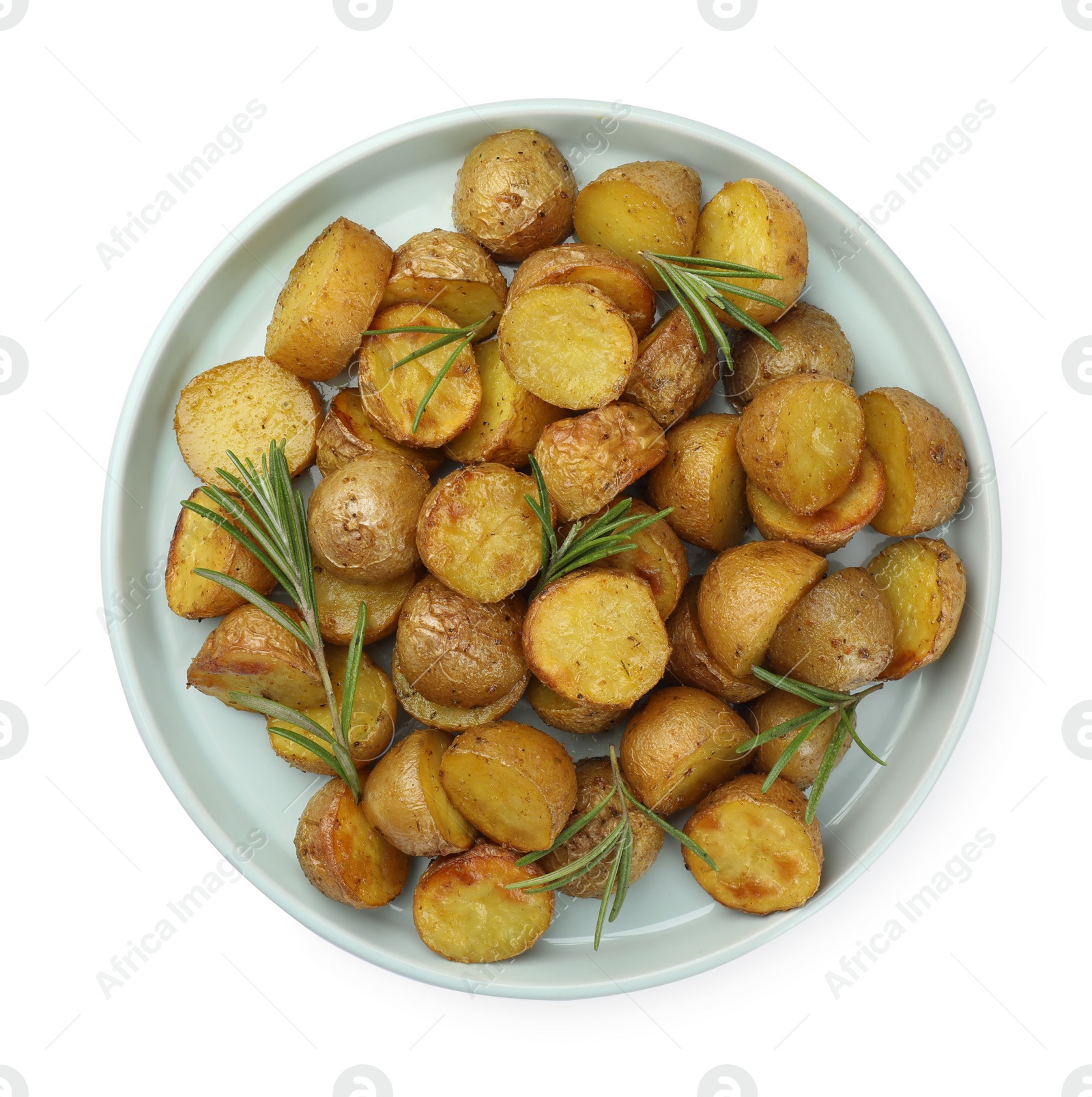 Delicious baked potatoes with rosemary isolated on white, top view Photo of Delicious baked potatoes with rosemary isolated on white, top view