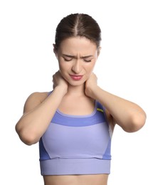 Photo of Young woman suffering from neck pain on white background