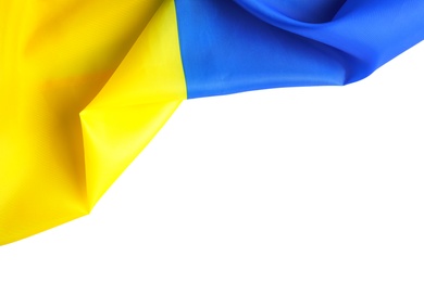 Photo of National flag of Ukraine on white background, top view