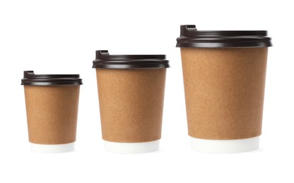 Image of Set with different takeaway coffee cups on white background