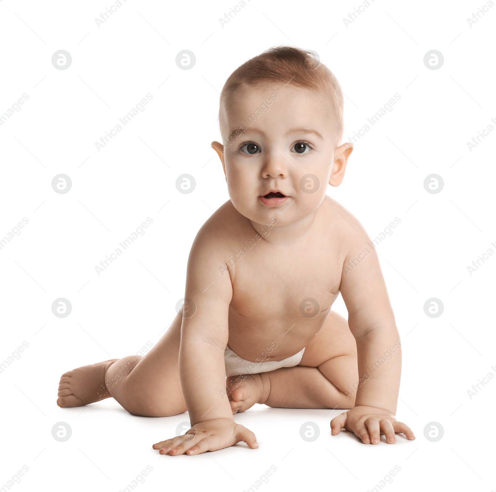 Photo of Cute little baby in diaper on white background