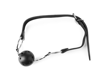 Photo of Black ball gag on white background. Accessory for sexual role play