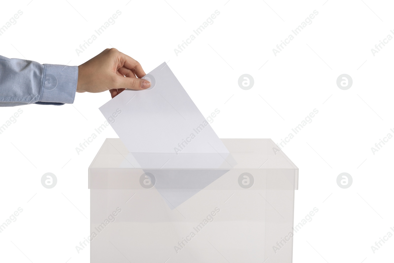 Photo of Woman putting her vote into ballot box on white background, closeup