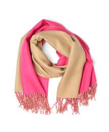 Stylish colorful cashmere scarf isolated on white, top view